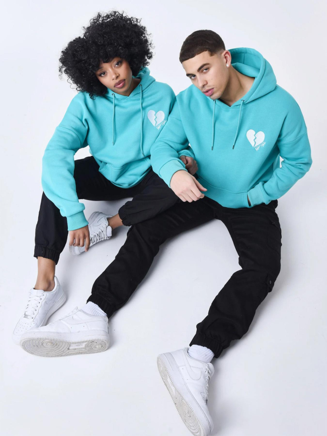 Sweat à capuche cœur brisé bleu turquoise homme - Project X Paris