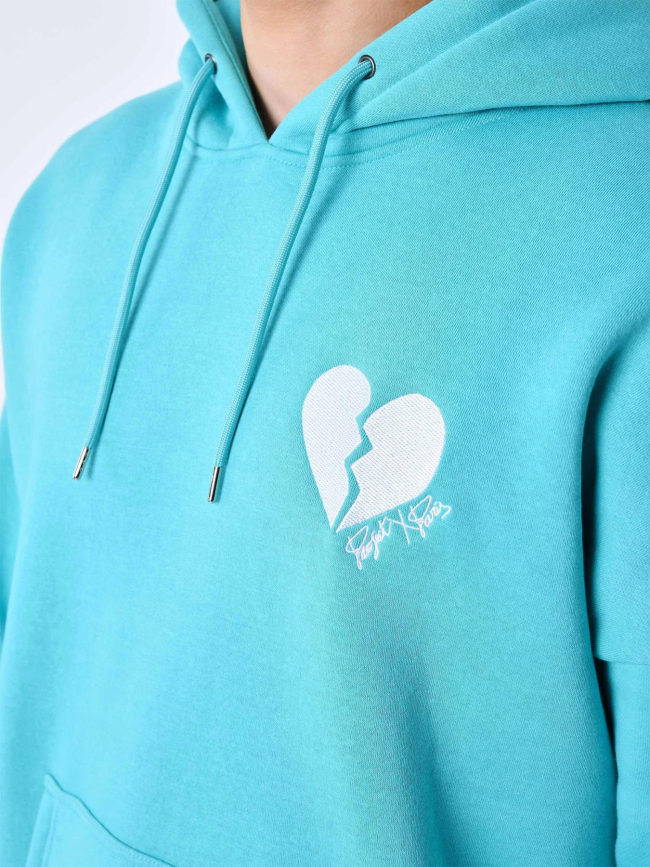 Sweat à capuche cœur brisé bleu turquoise homme - Project X Paris