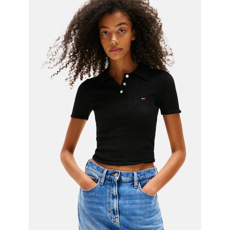 Polo ajusté en maille pointelle noir femme - Tommy Jeans