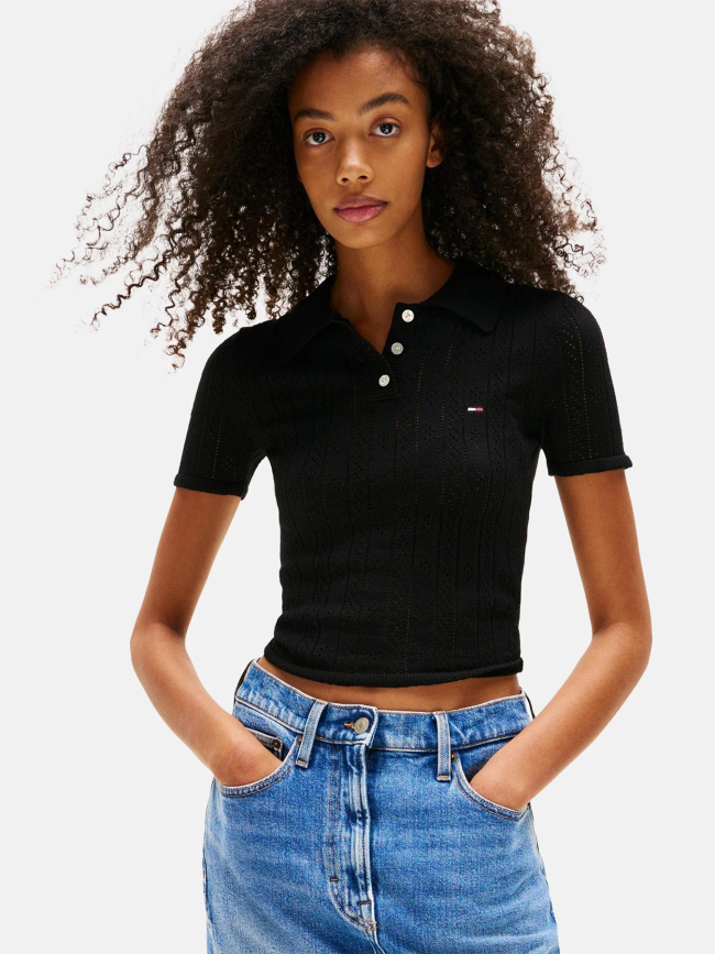 Polo ajusté en maille pointelle noir femme - Tommy Jeans