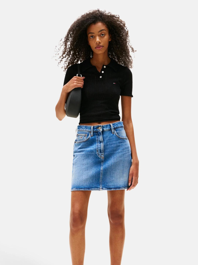 Polo ajusté en maille pointelle noir femme - Tommy Jeans
