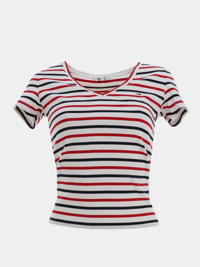T-shirt ajusté à rayures et col ve blanc femme - Tommy Jeans