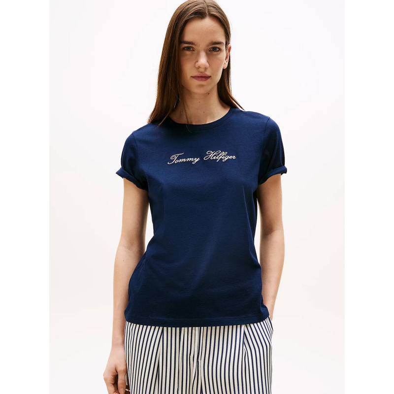 T-shirt logo script argenté bleu marine femme - Tommy Hilfiger