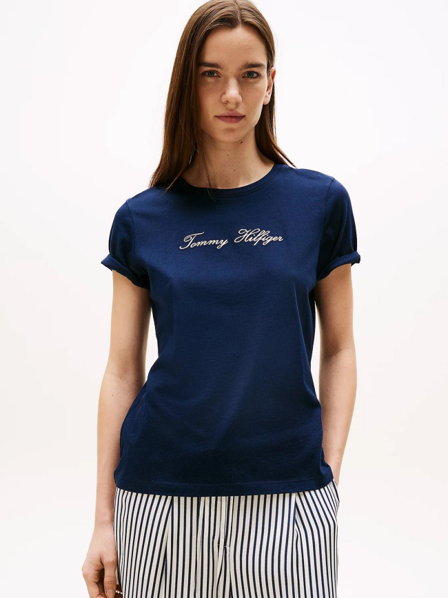 T-shirt logo script argenté bleu marine femme - Tommy Hilfiger