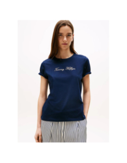 T-shirt logo script argenté bleu marine femme - Tommy Hilfiger