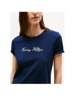 T-shirt logo script argenté bleu marine femme - Tommy Hilfiger