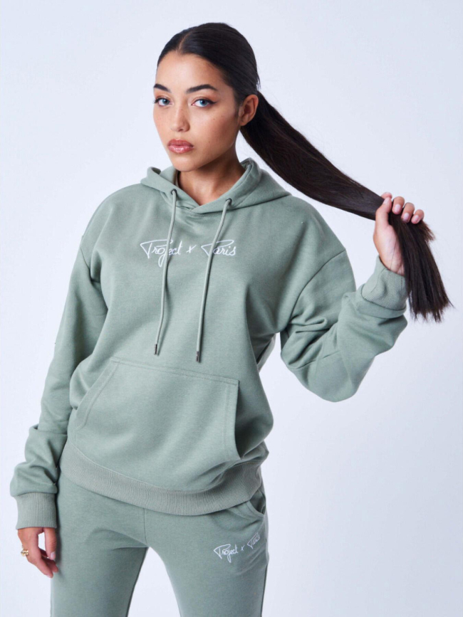 Sweat à capuche classique logo brodé kaki femme - Project X Paris