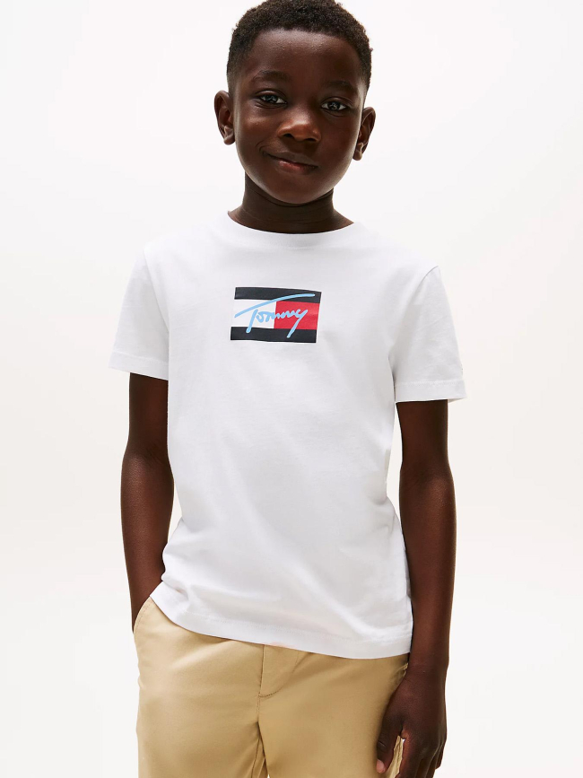 T-shirt à col ras-du-cou et logo signature blanc garçon - Tommy Hilfiger