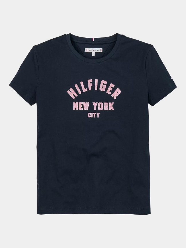 T-shirt à logo nyc pailleté en demi-cercle bleu fille - Tommy Hilfiger