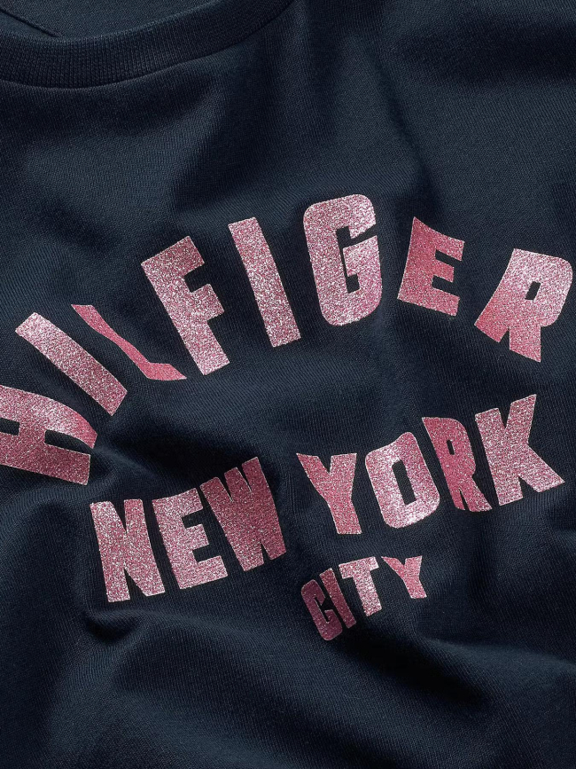 T-shirt à logo nyc pailleté en demi-cercle bleu fille - Tommy Hilfiger
