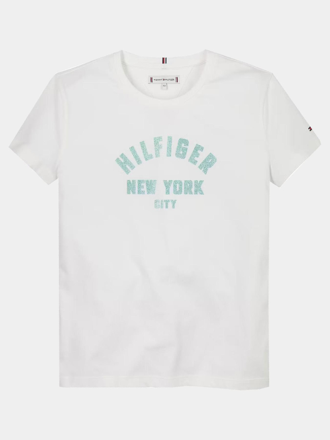 T-shirt à logo nyc pailleté en demi-cercle blanc fille - Tommy Hilfiger