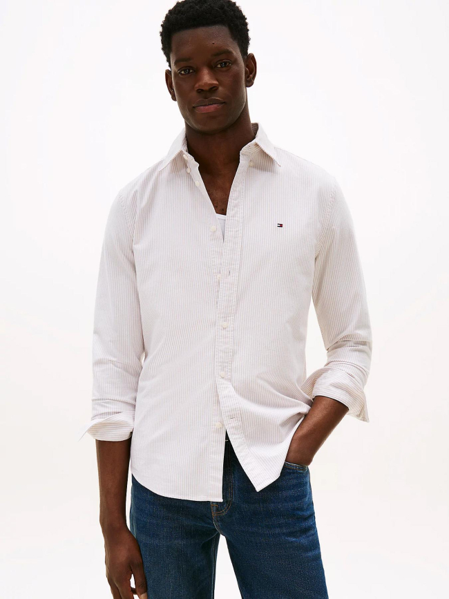 Chemise en coton oxford à rayures blanc et marron homme - Tommy Hilfiger