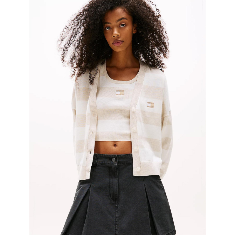 Gilet cardigan rayé relax beige blanc femme - Tommy Jeans