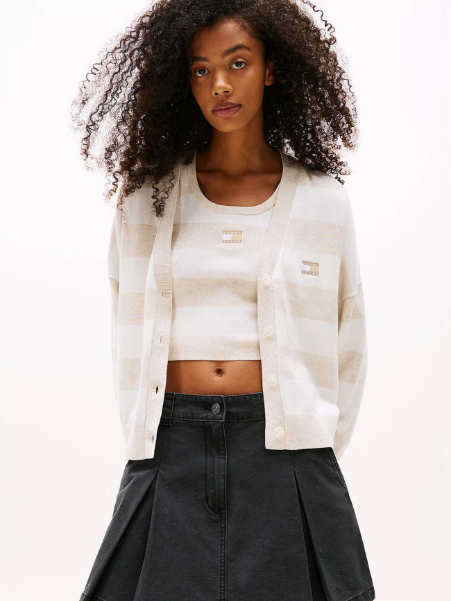 Gilet cardigan rayé relax beige blanc femme - Tommy Jeans