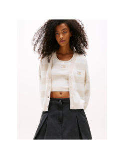 Gilet cardigan rayé relax beige blanc femme - Tommy Jeans