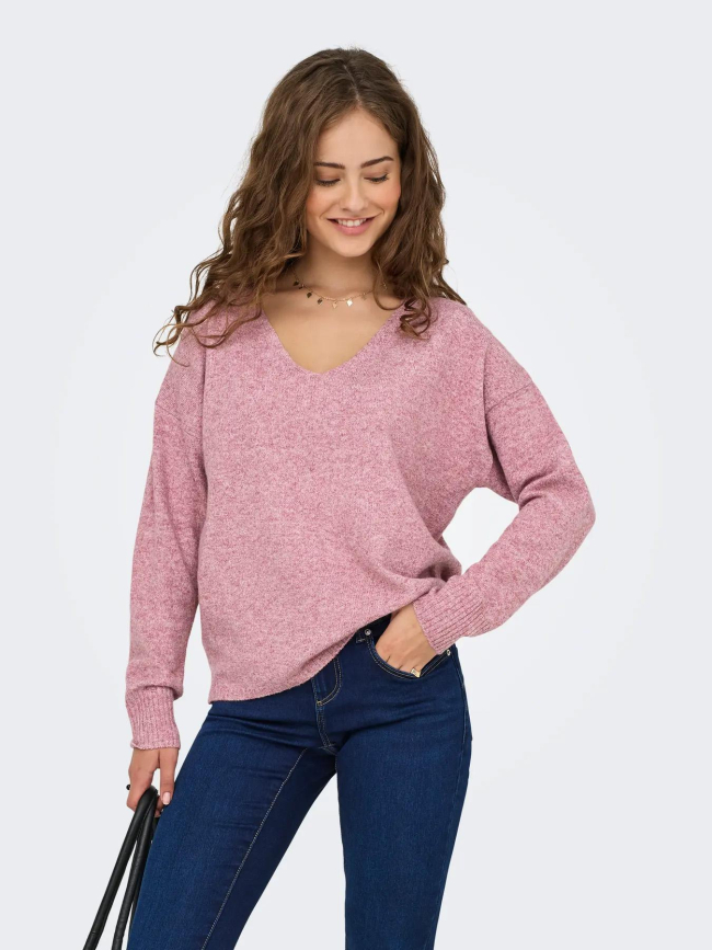 Pull col v rica life rose chiné femme - Only