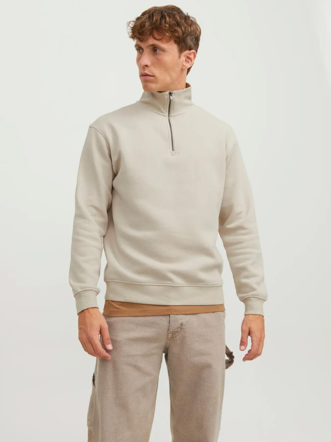Sweat col zippé bradley beige homme - Jack & Jones