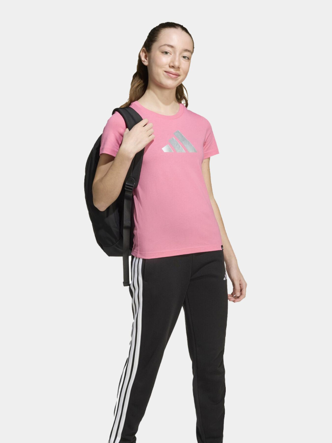 T-shirt à manches courtes et logo argenté rose fille - Adidas