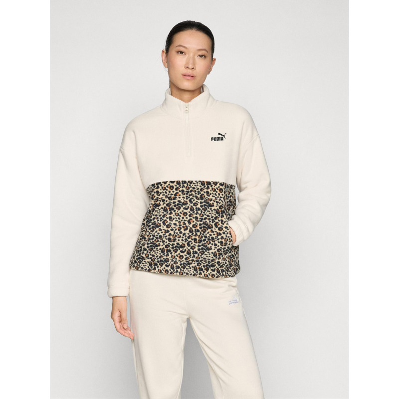 Sweat polaire col zippé léopard beige femme - Puma