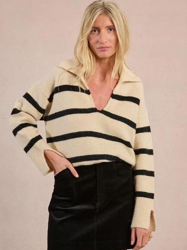 Pull polo rayé beige et noir femme - Molly Bracken