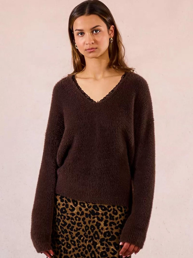 Pull à col en v dentelé marron femme - Molly Bracken