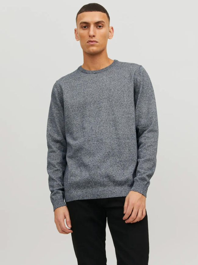 Pull basic col rond chiné bleu marine homme - Jack & Jones