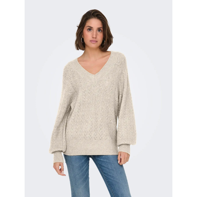 Pull col v pailleté lucilla écru femme - Only