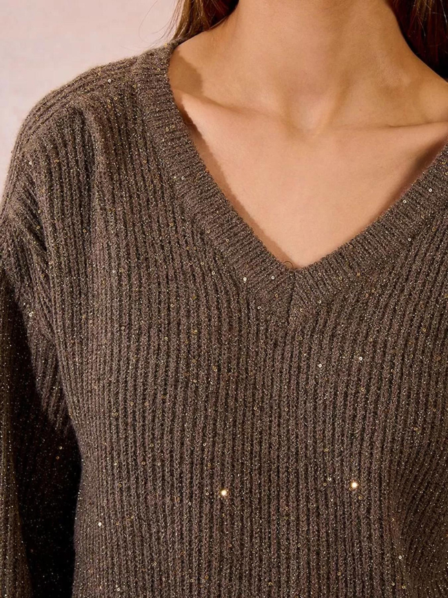 Pull à sequins brillant col v kaki femme - Molly Bracken