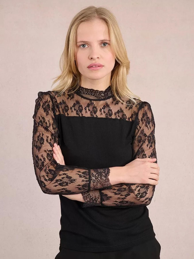 Top manches longues dentelle côtelé noir femme - Molly Braken