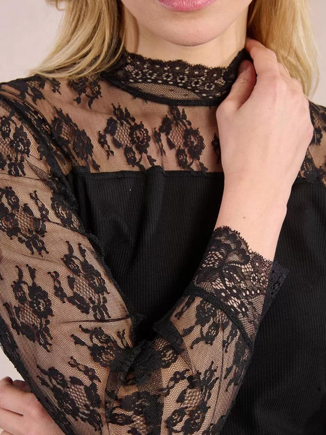 Top manches longues dentelle côtelé noir femme - Molly Braken
