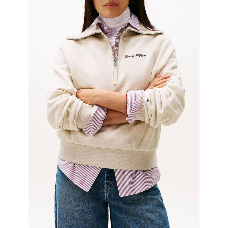 Sweat col zippé script chiné beige femme - Tommy Hilfiger