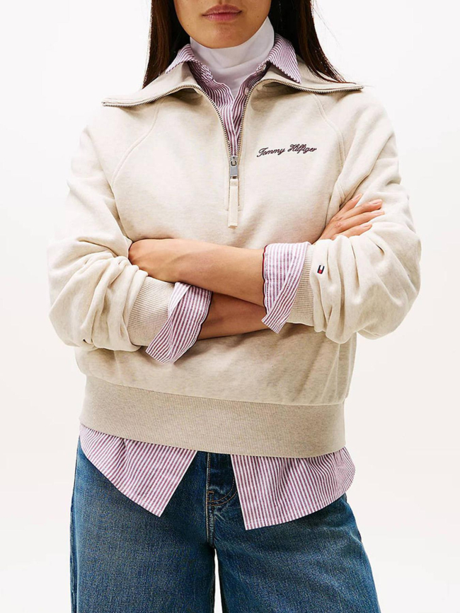 Sweat col zippé script chiné beige femme - Tommy Hilfiger