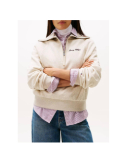 Sweat col zippé script chiné beige femme - Tommy Hilfiger