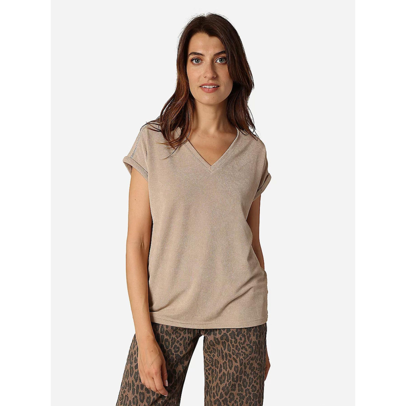 T-shirt col v kriva beige femme - Deeluxe