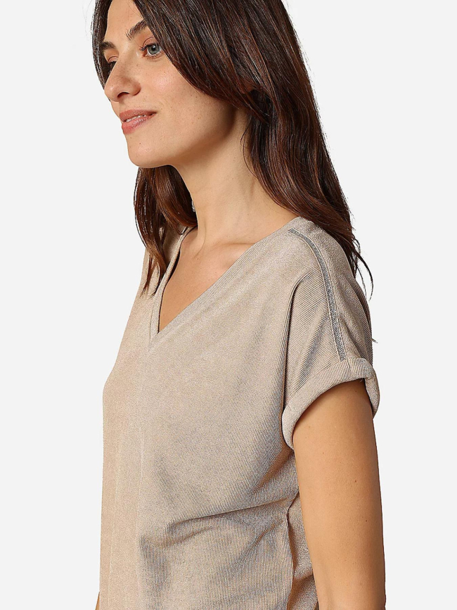 T-shirt col v kriva beige femme - Deeluxe