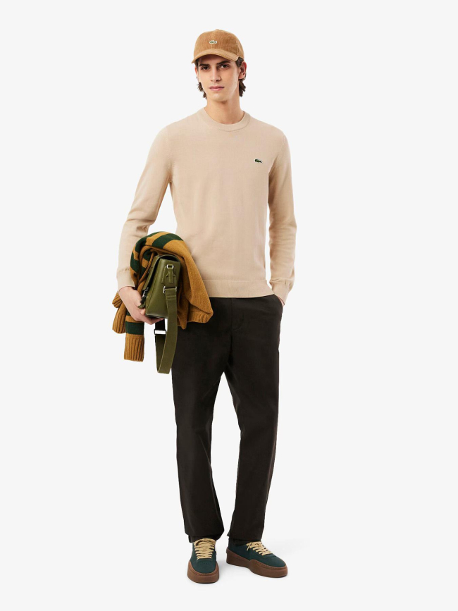 Pull en coton à col rond uni beige homme - Lacoste