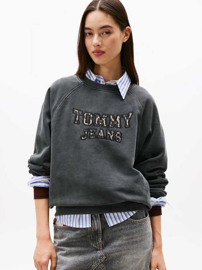 Sweat logo léopard varsity gris femme - Tommy Jeans