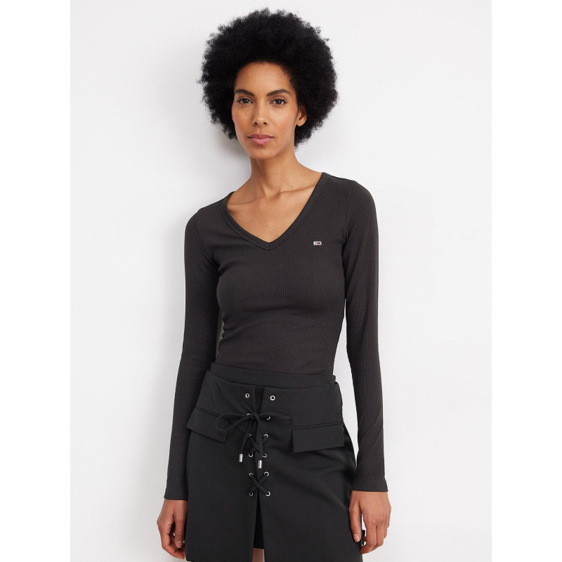 T-shirt slim côtelé à manches longues noir femme - Tommy Jeans