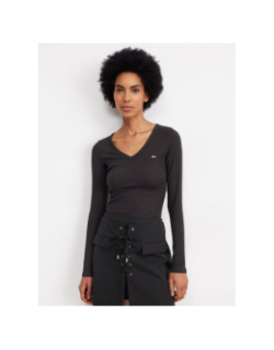 T-shirt slim côtelé à manches longues noir femme - Tommy Jeans