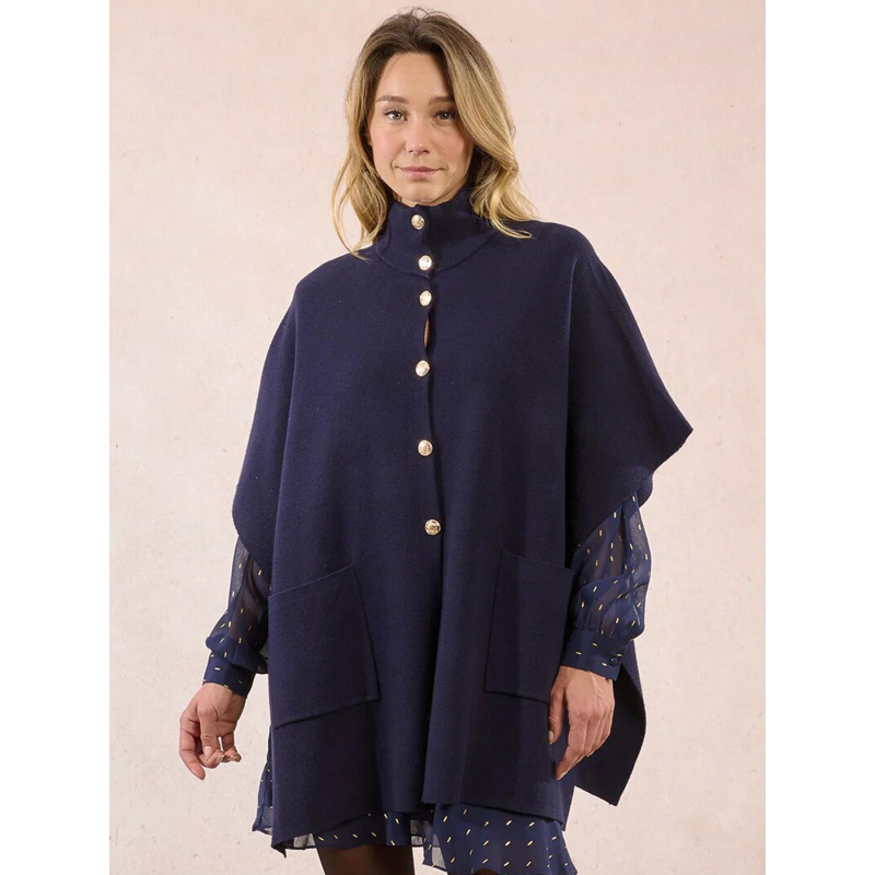 Cape longue boutonnée camel bleu femme - Molly Bracken