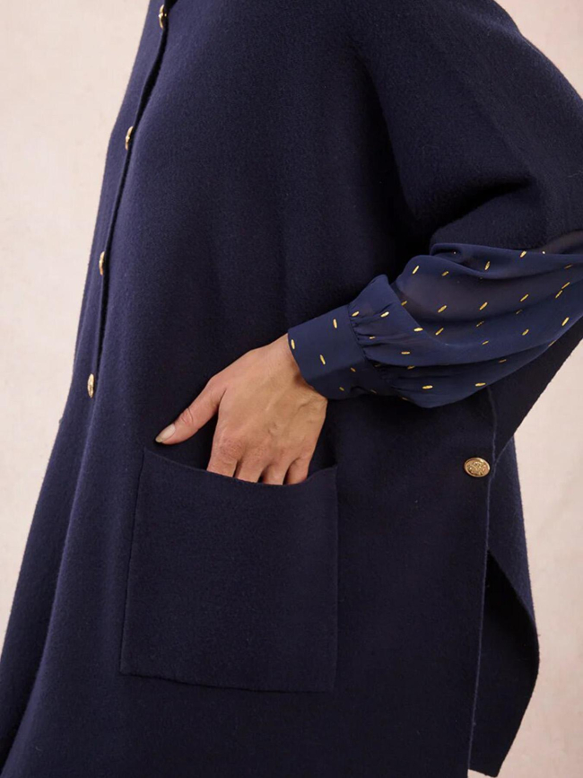 Cape longue boutonnée camel bleu femme - Molly Bracken