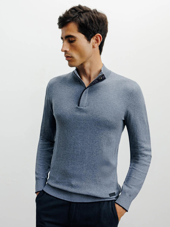 Pull à col montant demi zippé bacary bleu homme - Izac