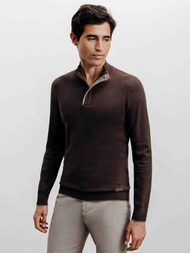 Pull à col montant demi zippé bacary marron homme - Izac