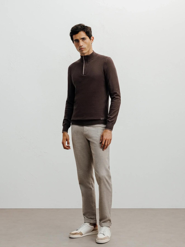 Pull à col montant demi zippé bacary marron homme - Izac