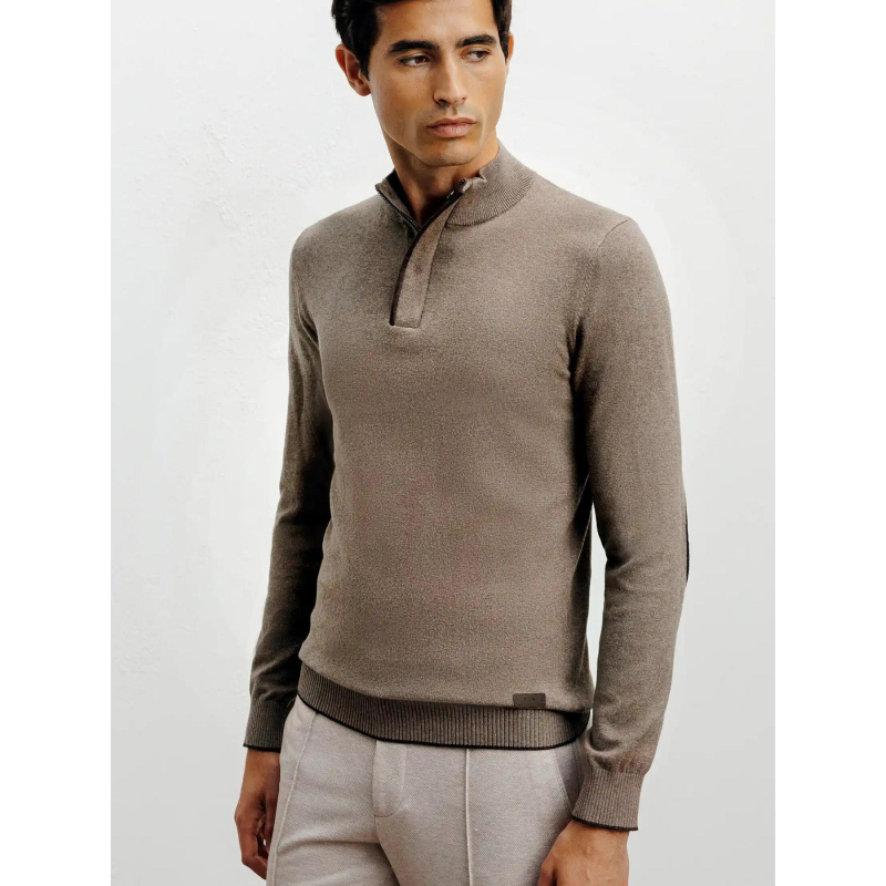 Pull à col montant demi zippé bacary marron clair homme - Izac