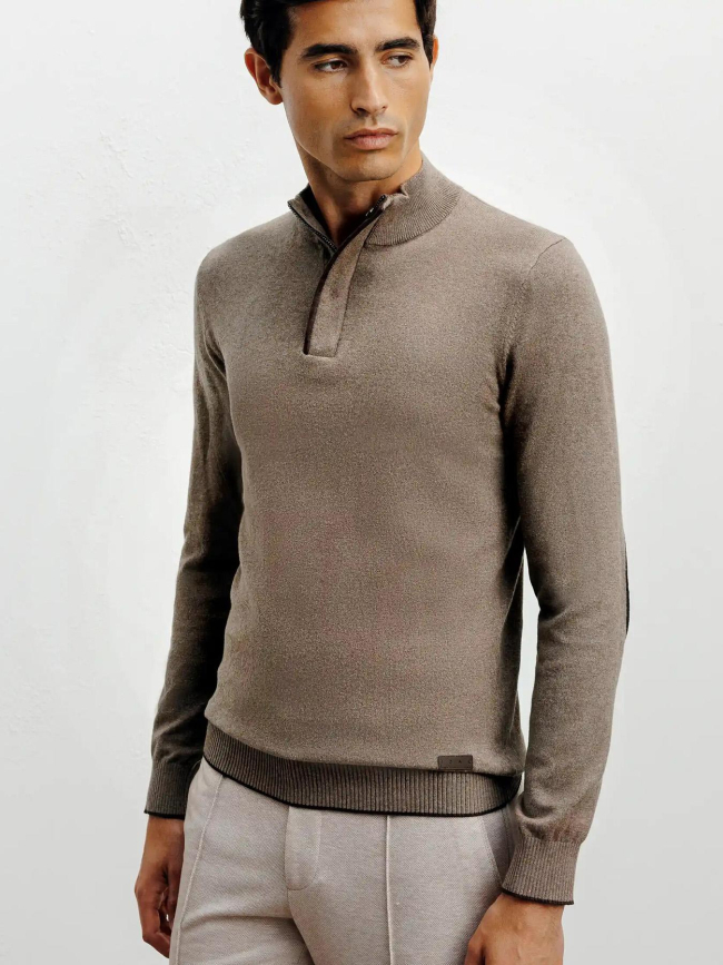 Pull à col montant demi zippé bacary marron clair homme - Izac