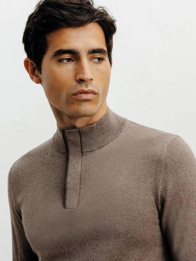 Pull à col montant demi zippé bacary marron clair homme - Izac