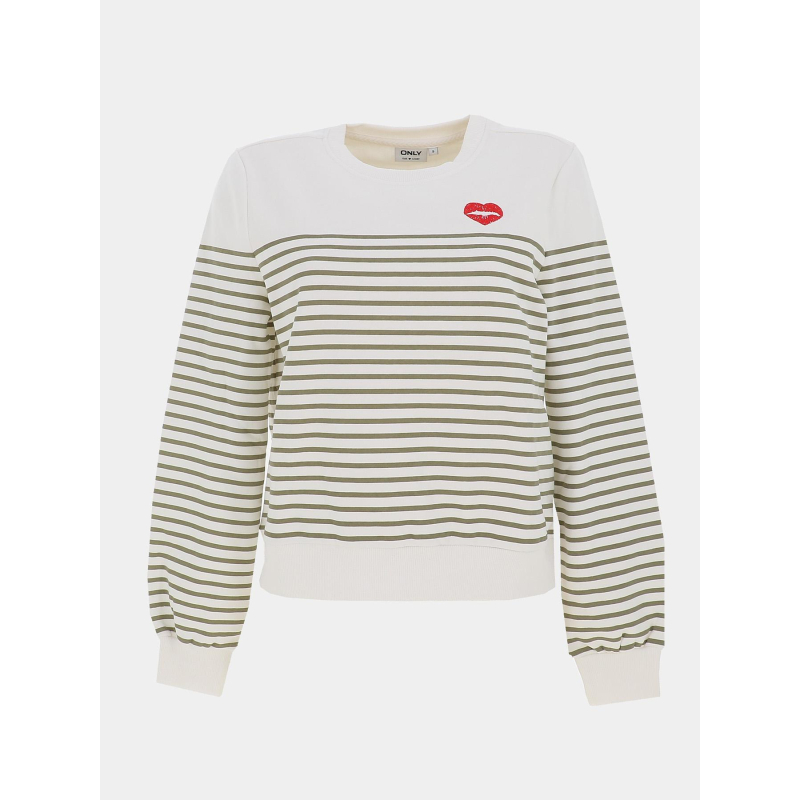 Sweat rayé à col rond onlbine blanc et kaki femme - Only