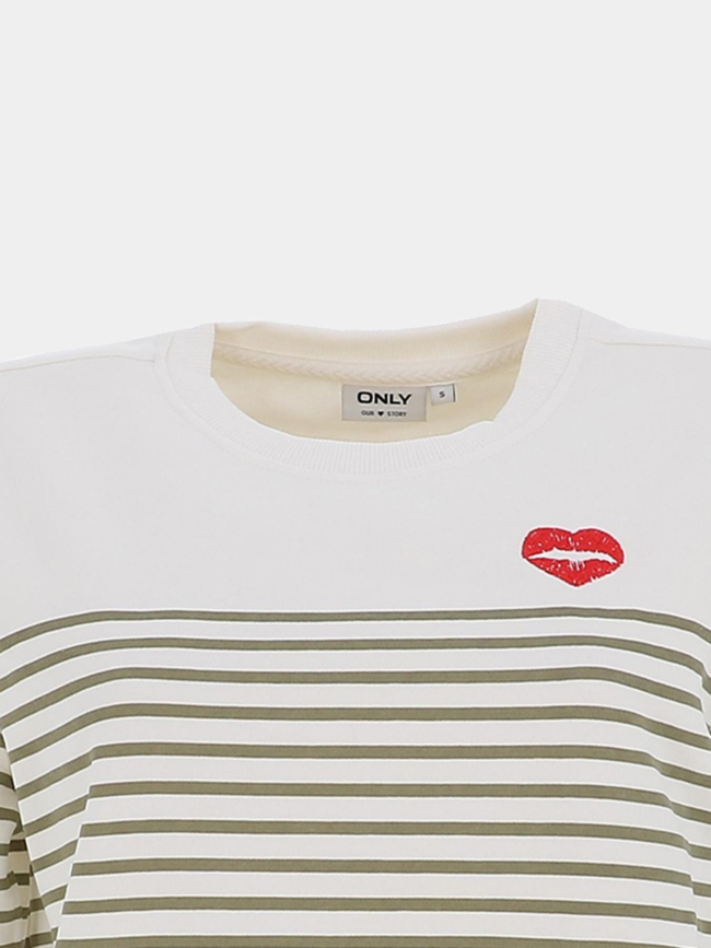 Sweat rayé à col rond onlbine blanc et kaki femme - Only