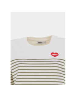 Sweat rayé à col rond onlbine blanc et kaki femme - Only